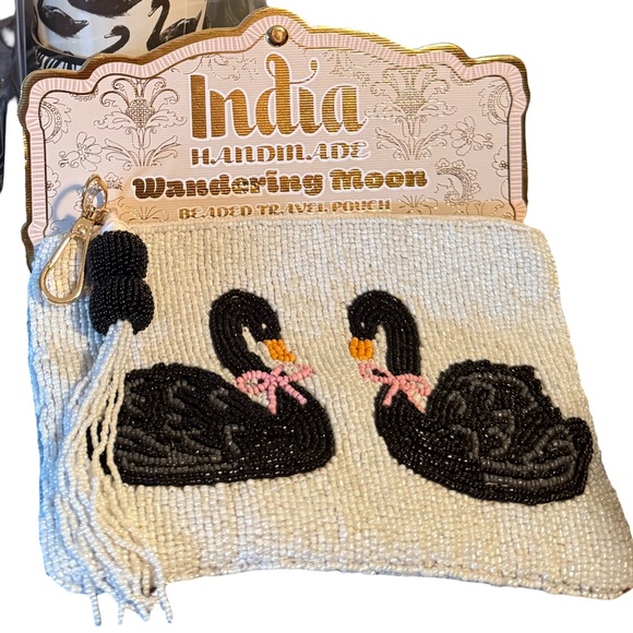 Wandering Moon NWT Black Swan Beaded Travel Pouch & 24 Paper Cups with Lids - Picture 2 of 7